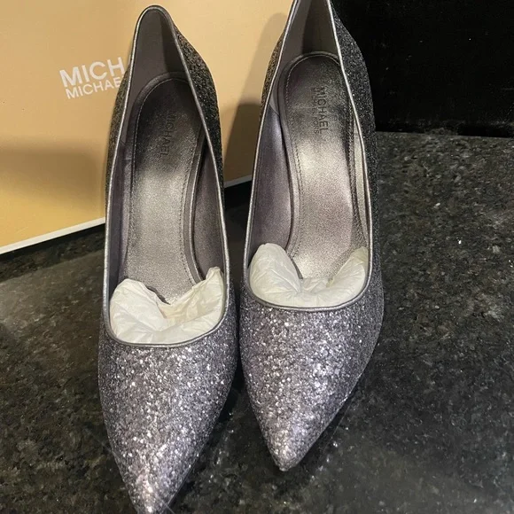Michael Kors Sparkling Silver Claire Gunmetal Heels Pumps - Picture 7 of 8